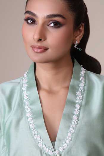 Buy_Bunka_Mint Chanderi, Cotton, Poplin Embroidery V-neck Ambreen Kurta And Pant Set _Online_at_Aza_Fashions
