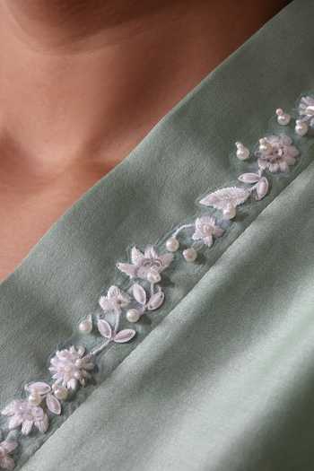 Shop_Bunka_Mint Chanderi, Cotton, Poplin Embroidery V-neck Ambreen Kurta And Pant Set _Online_at_Aza_Fashions