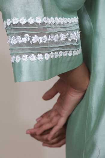 Bunka_Mint Chanderi, Cotton, Poplin Embroidery V-neck Ambreen Kurta And Pant Set _at_Aza_Fashions