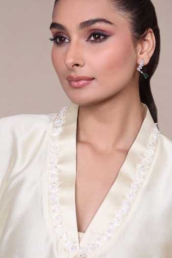 Bunka_Ivory Chanderi, Cotton, Poplin Embroidery V-neck, Yes Ambreen Placed Kurta Set _Online_at_Aza_Fashions