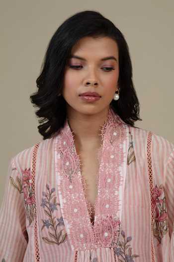 Bunka_Pink Voile Embroidery, Lace V-neck Neya Floral Pattern Tunic _Online_at_Aza_Fashions