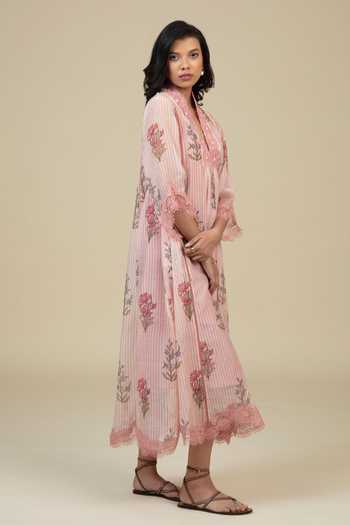 Buy_Bunka_Pink Voile Embroidery, Lace V-neck Neya Floral Pattern Tunic _Online_at_Aza_Fashions