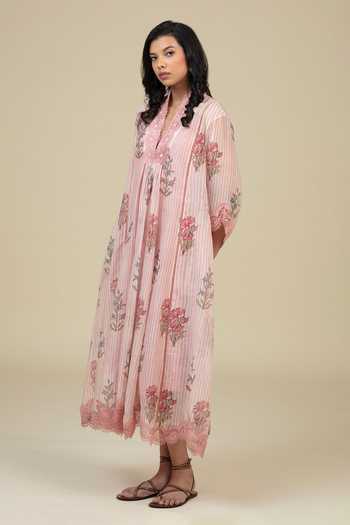 Shop_Bunka_Pink Voile Embroidery, Lace V-neck Neya Floral Pattern Tunic _Online_at_Aza_Fashions