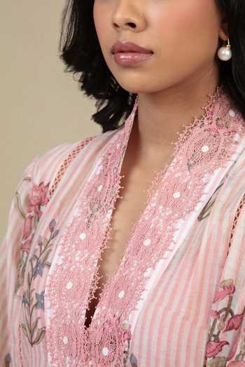 Bunka_Pink Voile Embroidery, Lace V-neck Neya Floral Pattern Tunic _at_Aza_Fashions