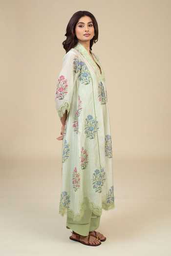 Bunka_Green Voile Lace V-neck Neya Floral Pattern Tunic _Online_at_Aza_Fashions