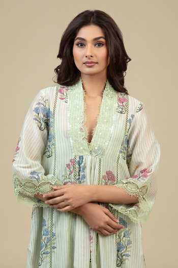Buy_Bunka_Green Voile Lace V-neck Neya Floral Pattern Tunic _Online_at_Aza_Fashions