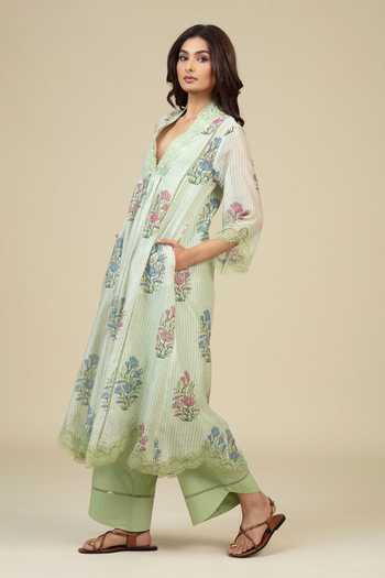 Shop_Bunka_Green Voile Lace V-neck Neya Floral Pattern Tunic _Online_at_Aza_Fashions
