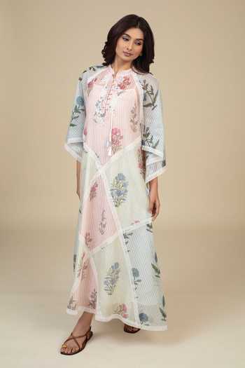 Bunka_Multi Color Voile Tassels, Lace Mandarin Collar Vira Floral Print Dress _Online_at_Aza_Fashions