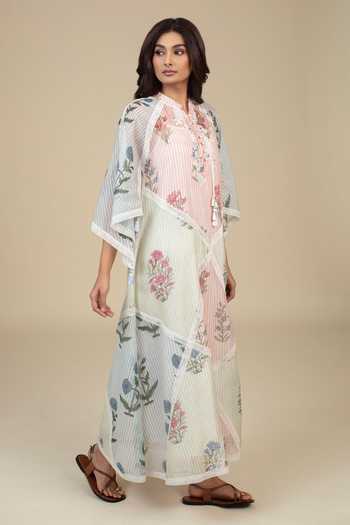Buy_Bunka_Multi Color Voile Tassels, Lace Mandarin Collar Vira Floral Print Dress _Online_at_Aza_Fashions