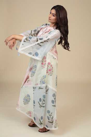 Shop_Bunka_Multi Color Voile Tassels, Lace Mandarin Collar Vira Floral Print Dress _Online_at_Aza_Fashions