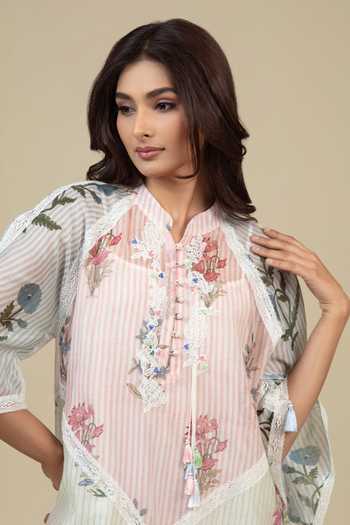 Bunka_Multi Color Voile Tassels, Lace Mandarin Collar Vira Floral Print Dress _at_Aza_Fashions