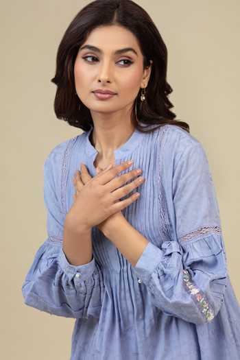 Bunka_Lilac Voile Embroidery Split V-neck Nur Lace Trim Panel Dress _Online_at_Aza_Fashions