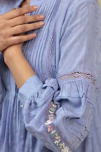 Shop_Bunka_Lilac Voile Embroidery Split V-neck Nur Lace Trim Panel Dress _Online_at_Aza_Fashions