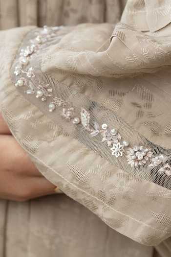 Bunka_Grey Voile Sequins, Lace Mandarin Collar Nur Trim Dress _Online_at_Aza_Fashions