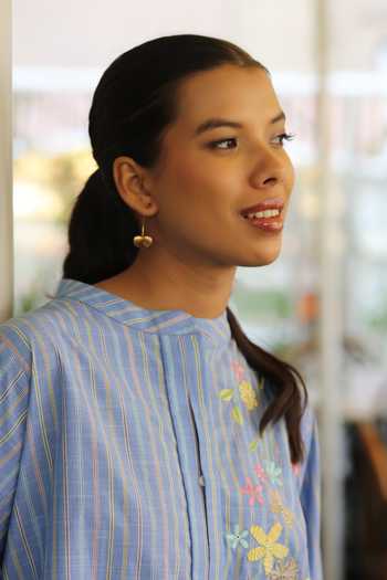 Bunka_Blue Cotton Embroidery Mandarin Collar Asha Placed Top _Online_at_Aza_Fashions