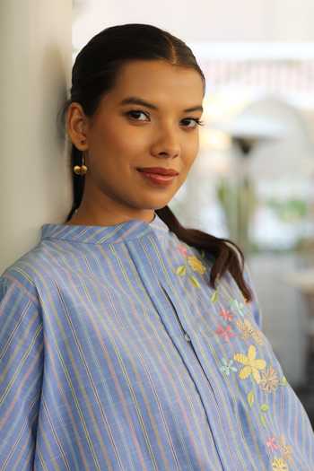 Shop_Bunka_Blue Cotton Embroidery Mandarin Collar Asha Placed Top _Online_at_Aza_Fashions
