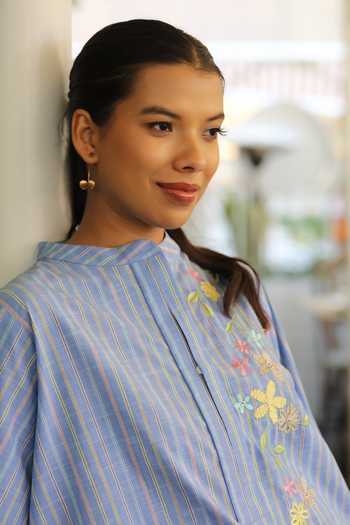 Bunka_Blue Cotton Embroidery Mandarin Collar Asha Placed Top _at_Aza_Fashions