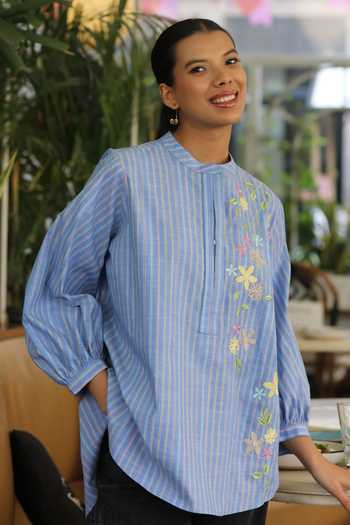 Buy_Bunka_Blue Cotton Embroidery Mandarin Collar Asha Placed Top 