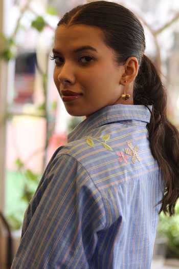 Bunka_Blue Cotton Embroidery Collared Iba Shirt _Online_at_Aza_Fashions