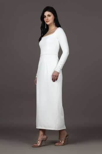 Pooja Peshoria_White Knit Pearls Square Neck Neckline Embellished Dress _Online_at_Aza_Fashions