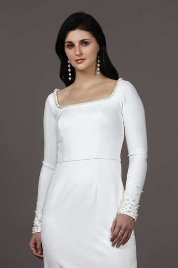 Buy_Pooja Peshoria_White Knit Pearls Square Neck Neckline Embellished Dress _Online_at_Aza_Fashions