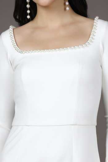 Shop_Pooja Peshoria_White Knit Pearls Square Neck Neckline Embellished Dress _Online_at_Aza_Fashions