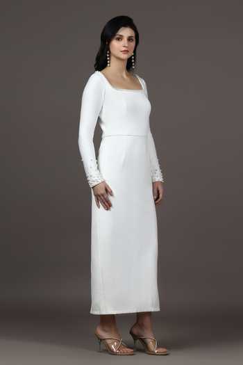 Pooja Peshoria_White Knit Pearls Square Neck Neckline Embellished Dress _at_Aza_Fashions