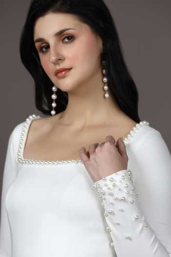Buy_Pooja Peshoria_White Knit Pearls Square Neck Neckline Embellished Dress 