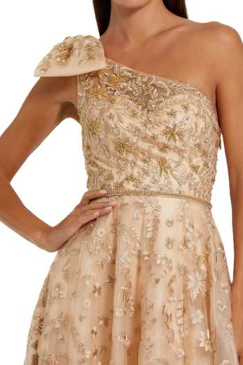 Mac Duggal_Beige Polyester Embroidery, Beads, Applique One Embellished Floral Gown _Online_at_Aza_Fashions