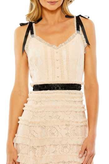 Mac Duggal_Pink Polyester Lace, Ruffles, Bows V-neck Tiered Midi Dress _Online_at_Aza_Fashions
