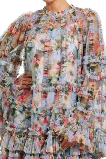 Mac Duggal_Blue Polyester Ruffles High Neck Tiered Floral Print Dress _Online_at_Aza_Fashions