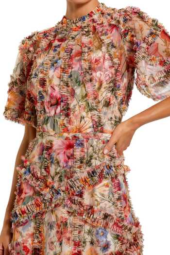 Mac Duggal Multi Color Polyester Ruffles High Neck Floral Trim Dress Online at Aza Fashions Mac Duggal_Multi Color Polyester Ruffles High Neck Floral Trim Dress _Online_at_Aza_Fashions