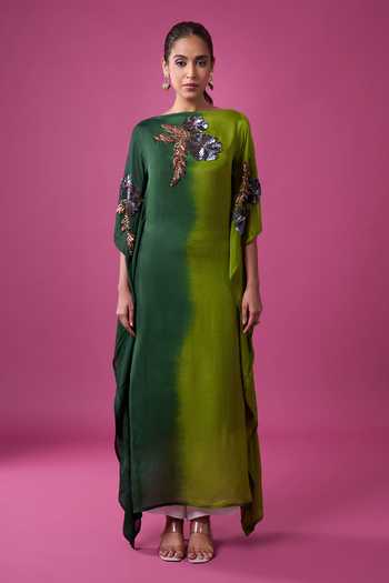 Aariyana Couture_Green Silk Embroidery, Sequins, Zari, Stones Boat Neck Hand Kaftan _Online_at_Aza_Fashions