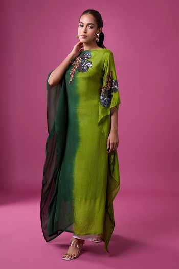 Shop_Aariyana Couture_Green Silk Embroidery, Sequins, Zari, Stones Boat Neck Hand Kaftan _Online_at_Aza_Fashions