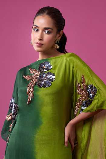 Aariyana Couture_Green Silk Embroidery, Sequins, Zari, Stones Boat Neck Hand Kaftan _at_Aza_Fashions