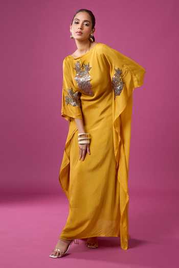 Buy_Aariyana Couture_Mustard Georgette Embroidery, Sequins, Mirrors Boat Hand Embellished Kaftan 