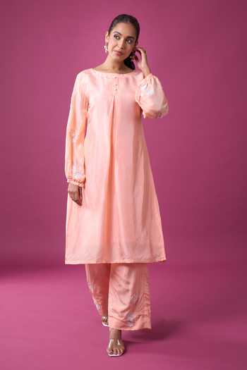 Buy Khwaab By Sanjana Lakhani Peach Silk Embroidery, Zari Round Neck Placed Kurta And Pant Set Online at Aza Fashions Buy_Khwaab By Sanjana Lakhani_Peach Silk Embroidery, Zari Round Neck Placed Kurta And Pant Set _Online_at_Aza_Fashions
