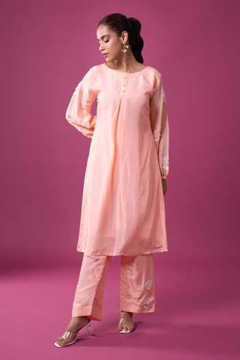 Shop Khwaab By Sanjana Lakhani Peach Silk Embroidery, Zari Round Neck Placed Kurta And Pant Set Online at Aza Fashions Shop_Khwaab By Sanjana Lakhani_Peach Silk Embroidery, Zari Round Neck Placed Kurta And Pant Set _Online_at_Aza_Fashions