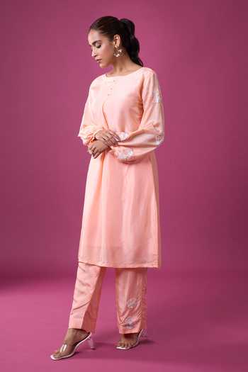 Khwaab By Sanjana Lakhani Peach Silk Embroidery, Zari Round Neck Placed Kurta And Pant Set at Aza Fashions Khwaab By Sanjana Lakhani_Peach Silk Embroidery, Zari Round Neck Placed Kurta And Pant Set _at_Aza_Fashions