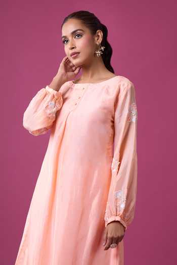 Buy Khwaab By Sanjana Lakhani Peach Silk Embroidery, Zari Round Neck Placed Kurta And Pant Set Buy_Khwaab By Sanjana Lakhani_Peach Silk Embroidery, Zari Round Neck Placed Kurta And Pant Set