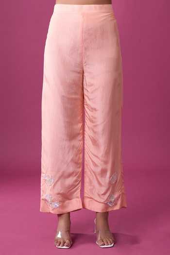 Shop Khwaab By Sanjana Lakhani Peach Silk Embroidery, Zari Round Neck Placed Kurta And Pant Set Shop_Khwaab By Sanjana Lakhani_Peach Silk Embroidery, Zari Round Neck Placed Kurta And Pant Set