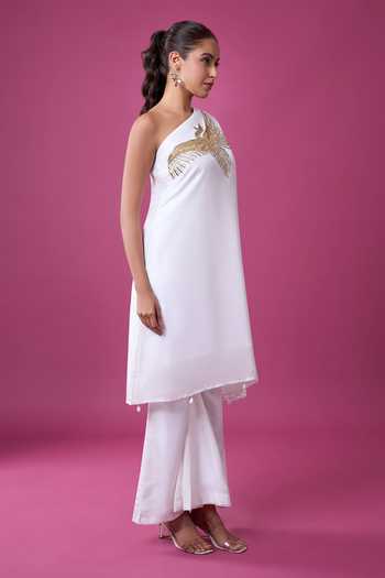 Buy_Samyukta Singhania_White Silk Embroidery, Zari Asymmetric Hand Kurta And Pant Set 