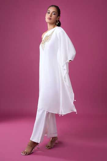 Shop_Samyukta Singhania_White Silk Embroidery, Zari Asymmetric Hand Kurta And Pant Set _Online_at_Aza_Fashions