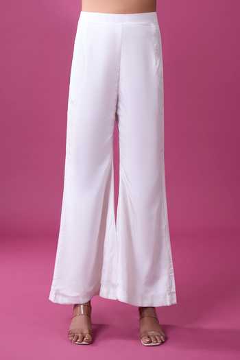 Shop_Samyukta Singhania_White Silk Embroidery, Zari Asymmetric Hand Kurta And Pant Set 