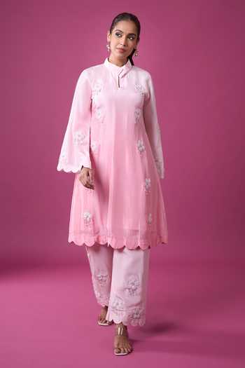 Khwaab By Sanjana Lakhani Pink Silk Fabric Flowers Mandarin Hand Embroidered Ombre Kurta And Pant Set Online at Aza Fashions Khwaab By Sanjana Lakhani_Pink Silk Fabric Flowers Mandarin Hand Embroidered Ombre Kurta And Pant Set _Online_at_Aza_Fashions