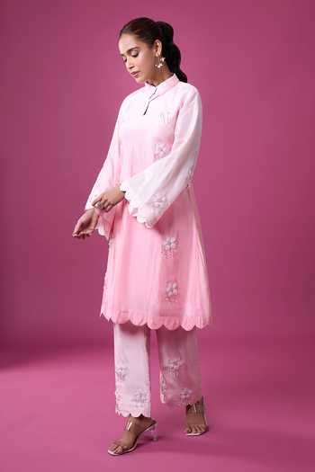 Khwaab By Sanjana Lakhani Pink Silk Fabric Flowers Mandarin Hand Embroidered Ombre Kurta And Pant Set at Aza Fashions Khwaab By Sanjana Lakhani_Pink Silk Fabric Flowers Mandarin Hand Embroidered Ombre Kurta And Pant Set _at_Aza_Fashions