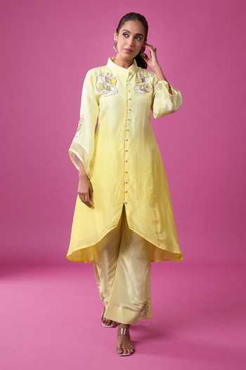 Buy_Khwaab By Sanjana Lakhani_Yellow Silk Embroidery Mandarin Collar, Yes Hand Kurta Set _Online_at_Aza_Fashions
