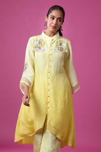 Shop_Khwaab By Sanjana Lakhani_Yellow Silk Embroidery Mandarin Collar, Yes Hand Kurta Set _Online_at_Aza_Fashions