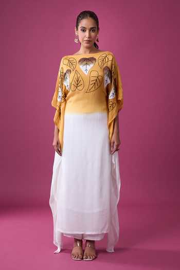 Shop_Samyukta Singhania_Ivory Silk Embroidery Boat Neck Embellished Ombre Kaftan _Online_at_Aza_Fashions