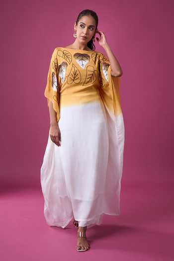 Samyukta Singhania_Ivory Silk Embroidery Boat Neck Embellished Ombre Kaftan _at_Aza_Fashions